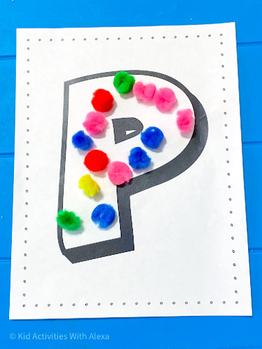 Letter p activities: pomp poms on letter P