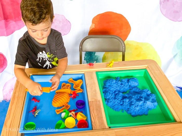 Create a Sensory Bin Dinosaur theme using kinetic sand - Kid Activities  with Alexa