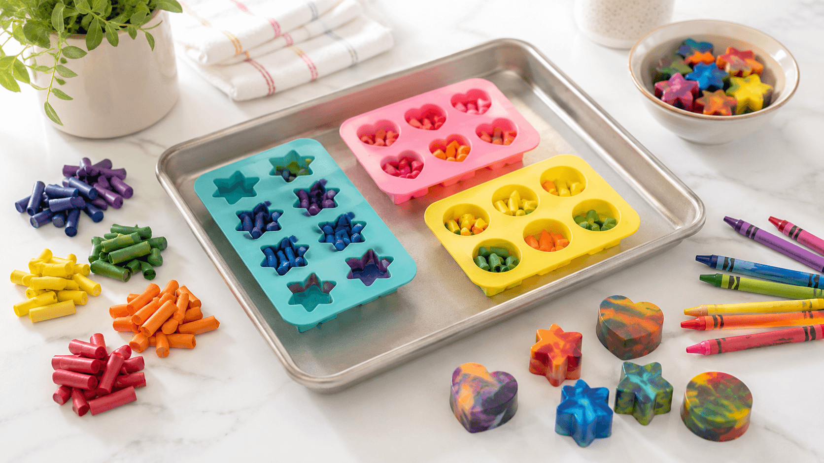 Melted crayons in silicone molds with custom alphabet, heart, and star-shaped finished crayons